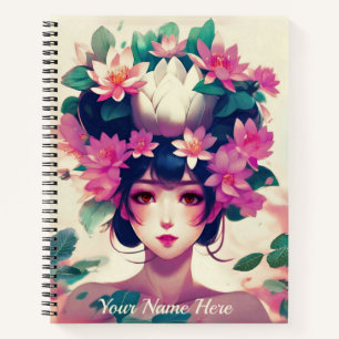 Anime Meisje Gekroond met Lotusbloemen Dagboek  Notitieboek