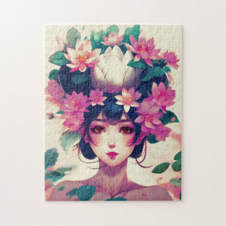 Anime Meisje Gekroond met Lotusbloemen Legpuzzel