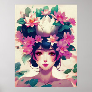 Anime Meisje Gekroond met Lotusbloemen Poster