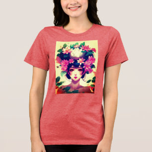 Anime Meisje Gekroond met Lotusbloemen Tri-Blend Shirt
