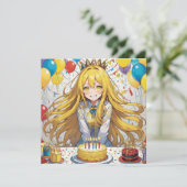 Anime Meisje Gele Verjaardag Uitnodiging (Staand voorkant)