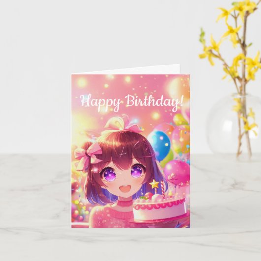 Anime Meisje Gelukkig Verjaardagsfeest Kaart (Gele Bloem)