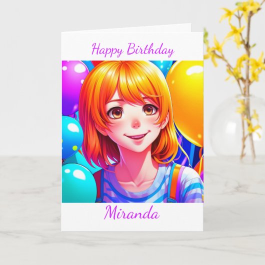 Anime meisje gepersonaliseerde verjaardag kaart (Gele Bloem)