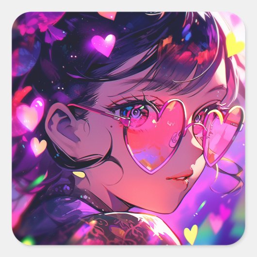 Anime meisje harten vierkante sticker (Voorkant)