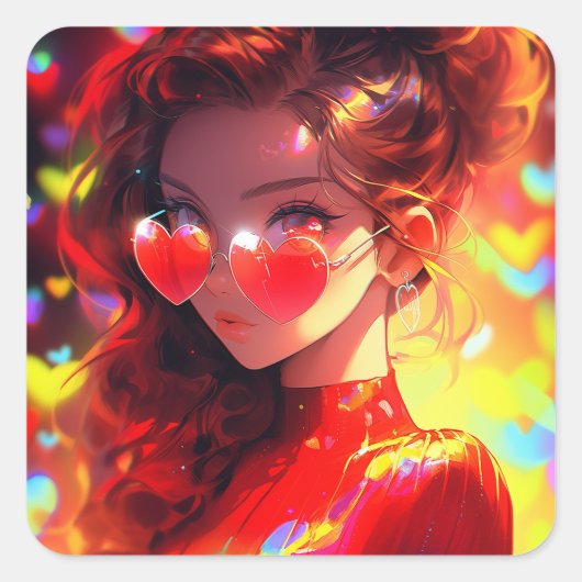 Anime meisje harten vierkante sticker (Voorkant)