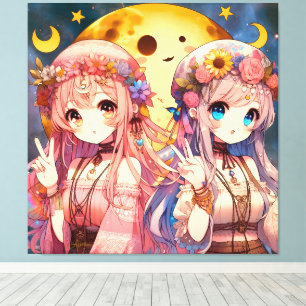Anime meisje hippie maan meisjes die vrede teken g canvas afdruk