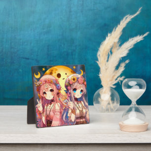 Anime meisje hippie maan meisjes die vrede teken g fotoplaat