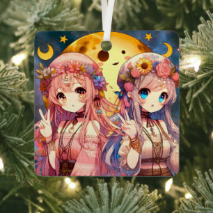 Anime meisje hippie maan meisjes die vrede teken g metalen ornament