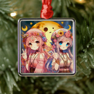 Anime meisje hippie maan meisjes die vrede teken g metalen ornament