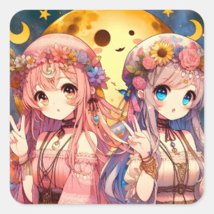 Anime meisje hippie maan meisjes die vrede teken g vierkante sticker