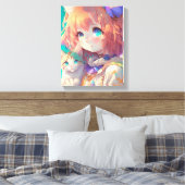 Anime Meisje Holding Een Schattige Kitten Canvas Afdruk (Insitu (Slaapkamer))