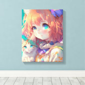 Anime Meisje Holding Een Schattige Kitten Canvas Afdruk (Insitu (Houten vloer))