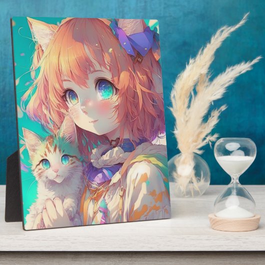 Anime Meisje Holding Een Schattige Kitten Fotoplaat (Zijkant)