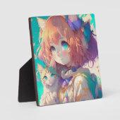 Anime Meisje Holding Een Schattige Kitten Fotoplaat (Voorkant)