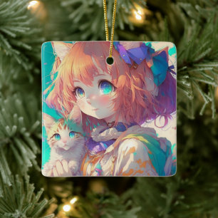 Anime Meisje Holding Een Schattige Kitten Keramisch Ornament