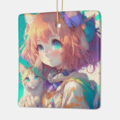 Anime Meisje Holding Een Schattige Kitten Keramisch Ornament (Links)