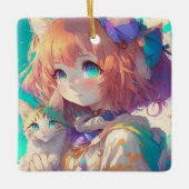 Anime Meisje Holding Een Schattige Kitten Keramisch Ornament (Voorkant)