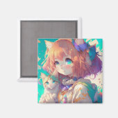 Anime Meisje Holding Een Schattige Kitten Magneet (Voorkant / Achterkant)