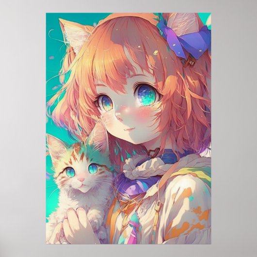 Anime Meisje Holding Een Schattige Kitten Poster (Voorkant)