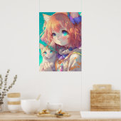 Anime Meisje Holding Een Schattige Kitten Poster (Keuken)