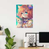 Anime Meisje Holding Een Schattige Kitten Poster (Thuiskantoor)