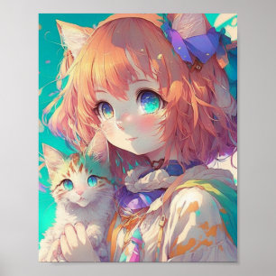 Anime Meisje Holding Een Schattige Kitten Poster