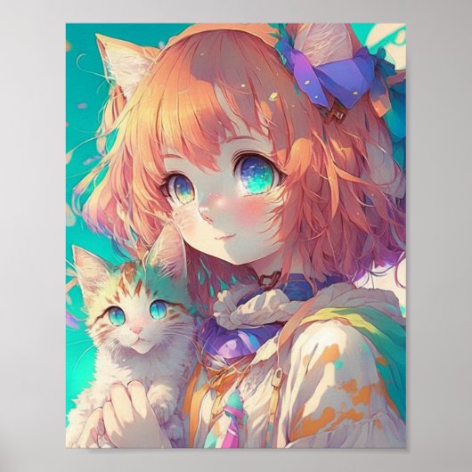 Anime Meisje Holding Een Schattige Kitten Poster (Voorkant)