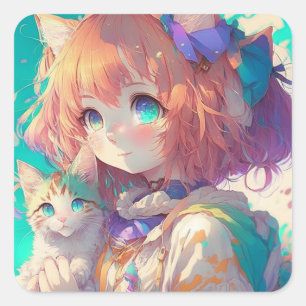 Anime Meisje Holding Een Schattige Kitten Vierkante Sticker
