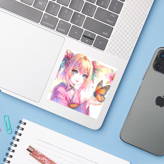 Anime Meisje Holding Een Vlinder Ai Art Sticker (Laptop met iPhone)
