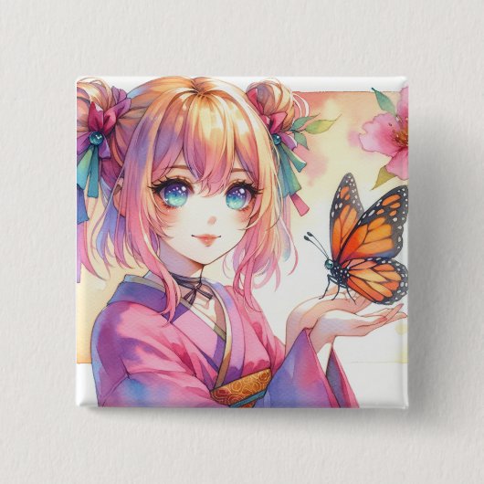 Anime Meisje Holding Een Vlinder Ai Art Vierkante Button 5,1 Cm (Voorkant)