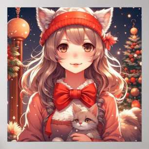 Anime Meisje Holding Kitten Kerstmis Poster