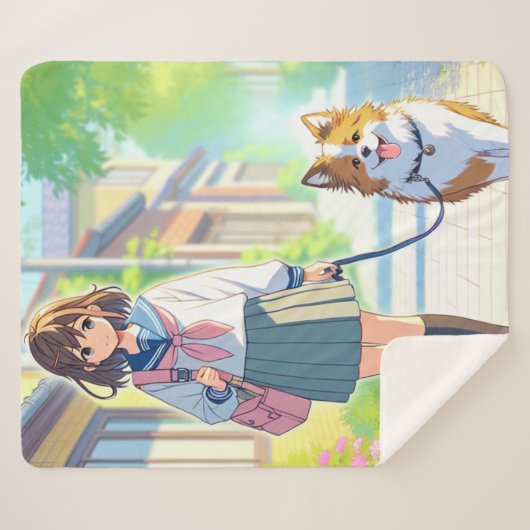 Anime Meisje Hond Walker Sherpa Deken (Voorkant (horizontaal))