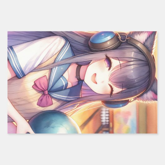  anime meisje in bowling verjaardagsfeestje inpakpapier vel (Voorkant)