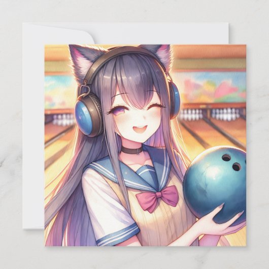  anime meisje in bowling verjaardagsfeestje kaart (Voorkant)