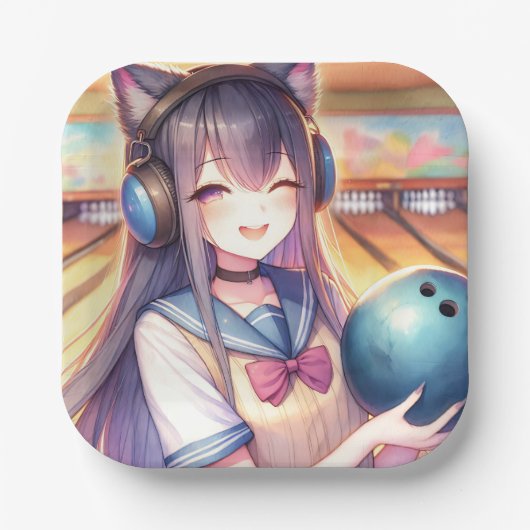  anime meisje in bowling verjaardagsfeestje papieren bordje (Voorkant)