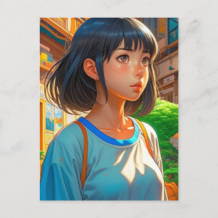 Anime Meisje in de Stad   Contact houden Briefkaart