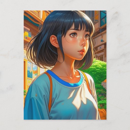 Anime Meisje in de Stad | Contact houden Briefkaart (Voorkant)
