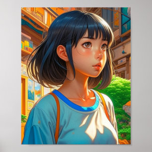 Anime meisje in de stad Kleurrijke artistieke Poster