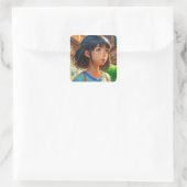 Anime Meisje in de stad Kleurrijke Kunst Vierkante Sticker (Tas)