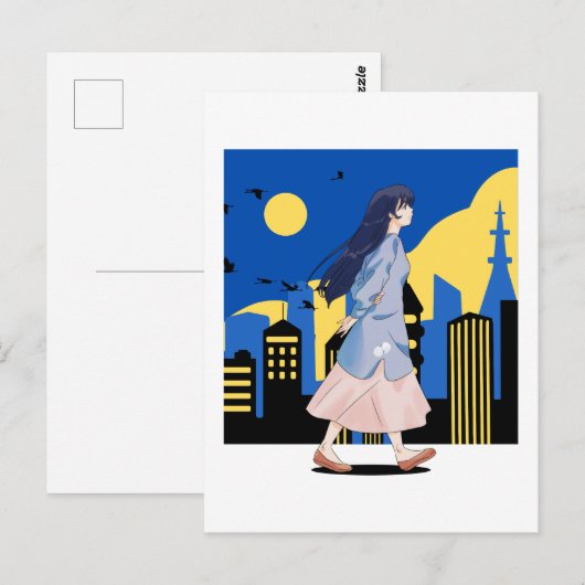 Anime meisje in de stad van de nacht briefkaart (Voorkant / Achterkant)