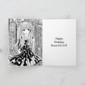 Anime Meisje in de Stad | Verjaardag Kleurplaat Kaart (Binnen)