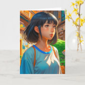 Anime Meisje in de Stad | Verjaardag Kleurplaat Kaart (Gele Bloem)