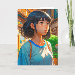 Anime Meisje in de Stad   Verjaardag Kleurplaat Kaart