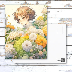 Anime Meisje in Gele Bloemen Gepersonaliseerde Ver Briefkaart
