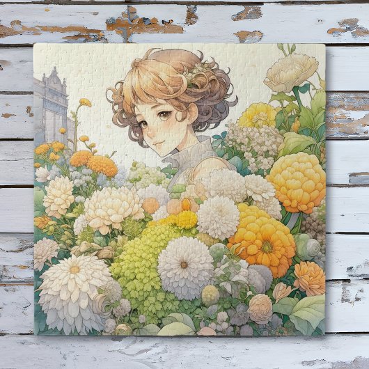 Anime meisje in gele bloemen legpuzzel