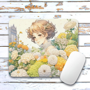 Anime meisje in gele bloemen  muismat