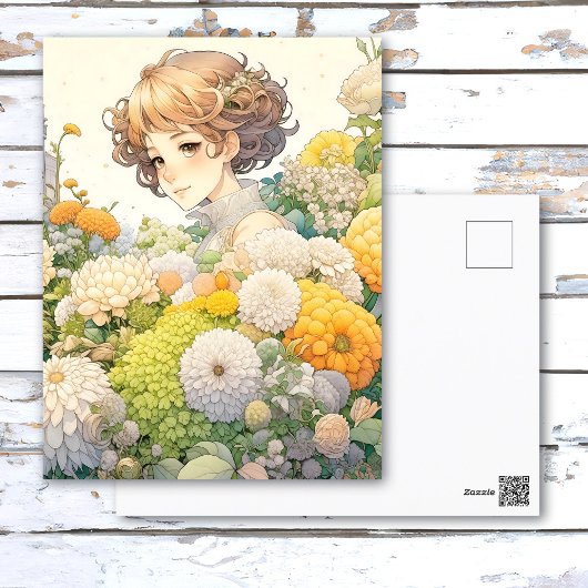 Anime Meisje in Gele Bloemen Persoonlijke Verjaard Briefkaart