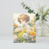 Anime Meisje in Gele Bloemen Persoonlijke Verjaard Briefkaart (Staand voorkant)
