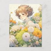 Anime Meisje in Gele Bloemen Persoonlijke Verjaard Briefkaart (Voorkant)