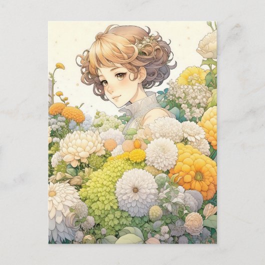 Anime Meisje in Gele Bloemen Persoonlijke Verjaard Briefkaart (Voorkant)